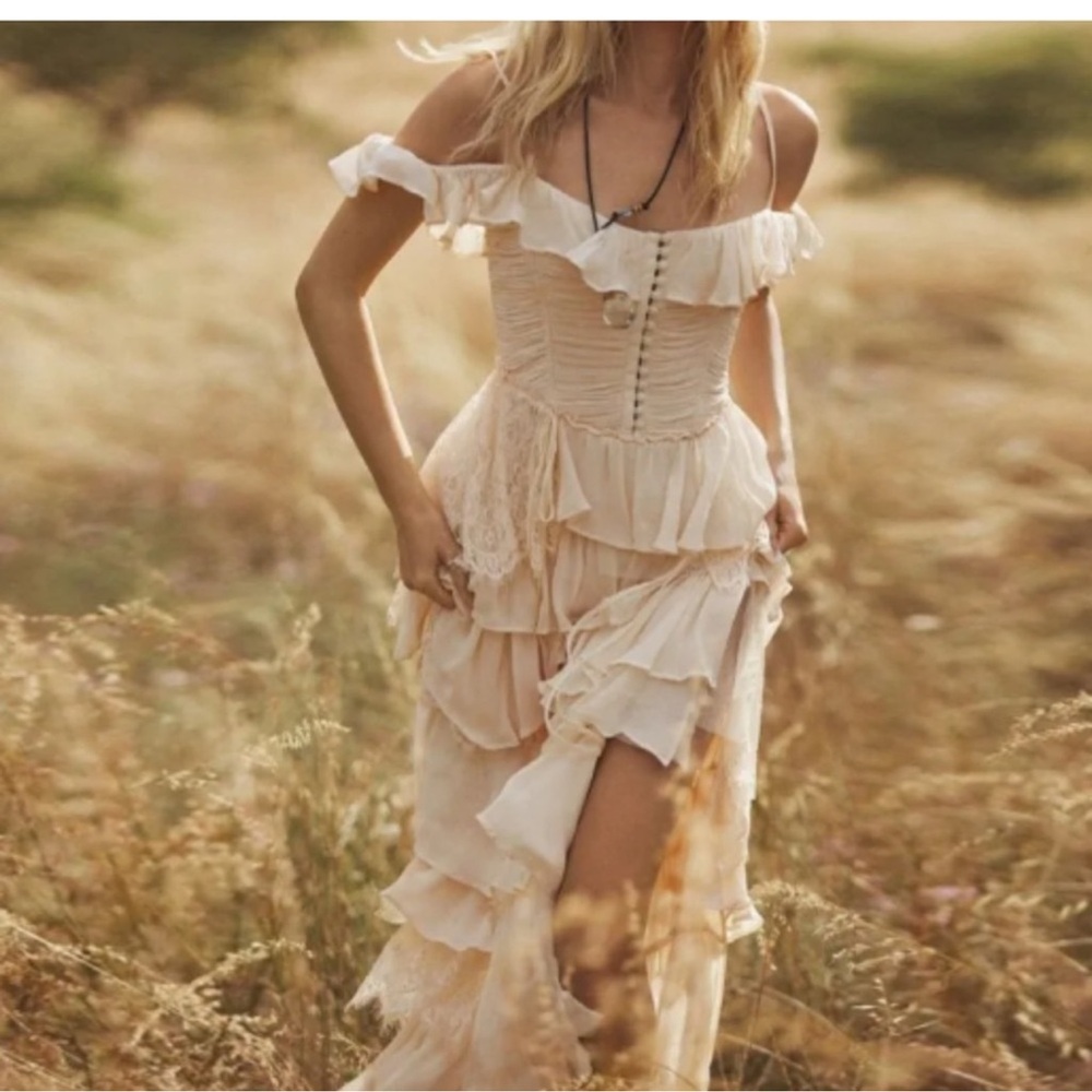 Anthropologie Corset Tiered Lace Ruffle Dress